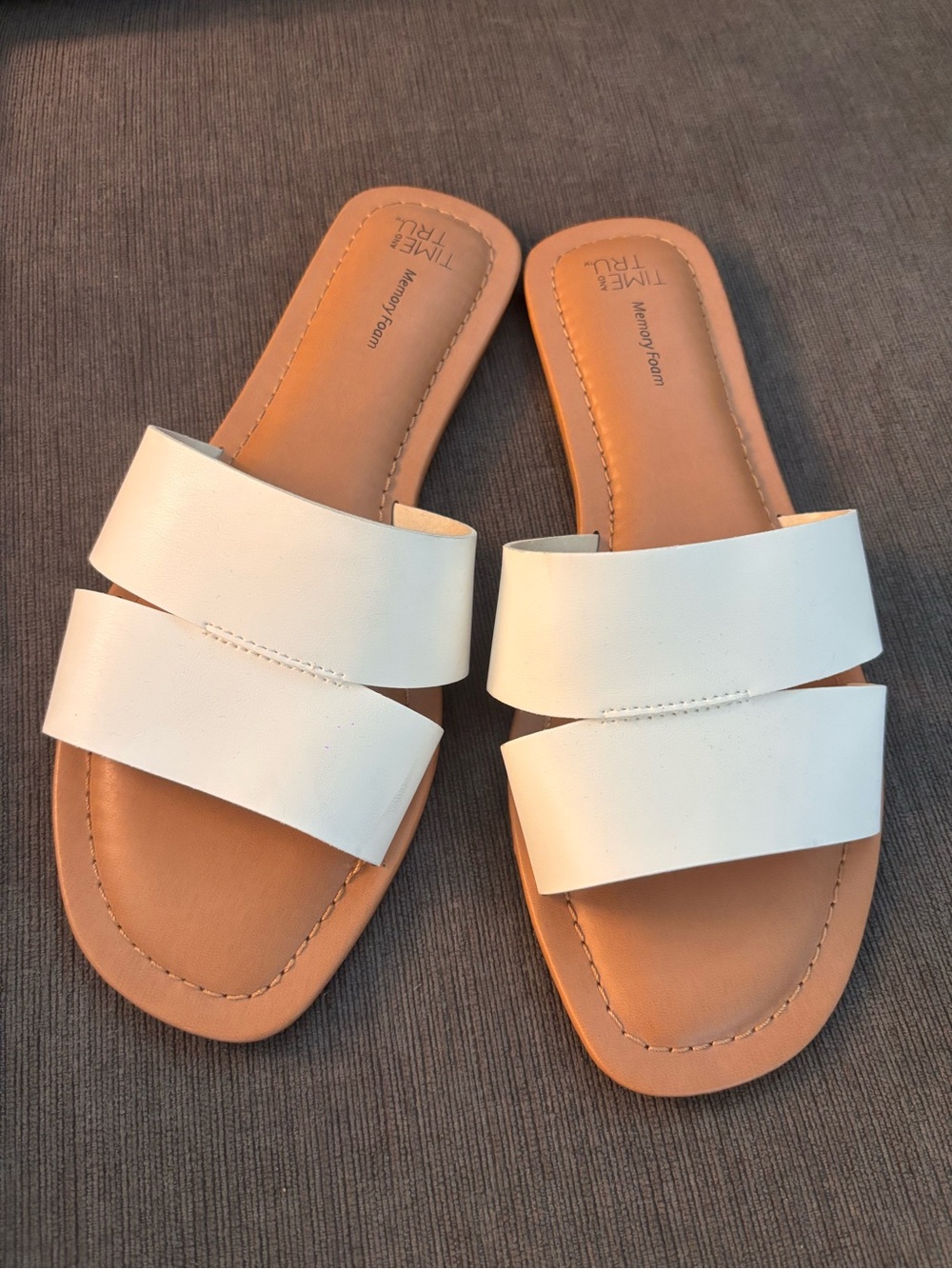 Time and Tru White Double-Strap Slide Sandals with Tan Footbed